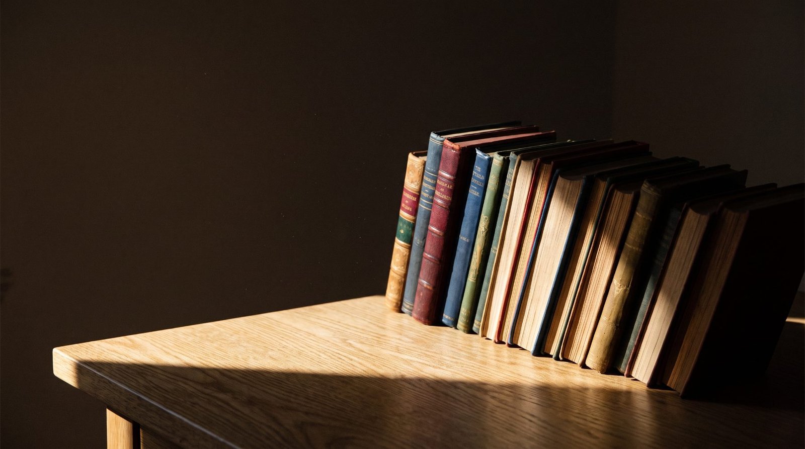Een rij oude boeken op een houten tafel in warm strijklicht